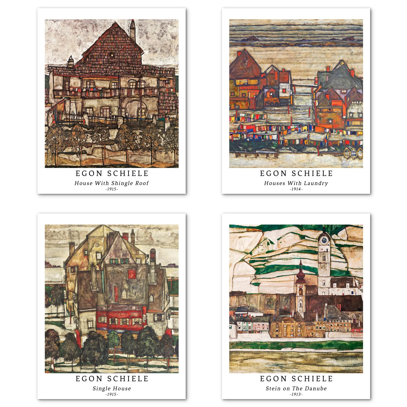 Berkin Arts Wall Art Unframed Prints Giclee Art Paper Set of 4, 8x10 inch Landscape Artwork, Bedroom Decoration Brown Abstract Antique Illustrations Geometric House Egon Schiele Paintings