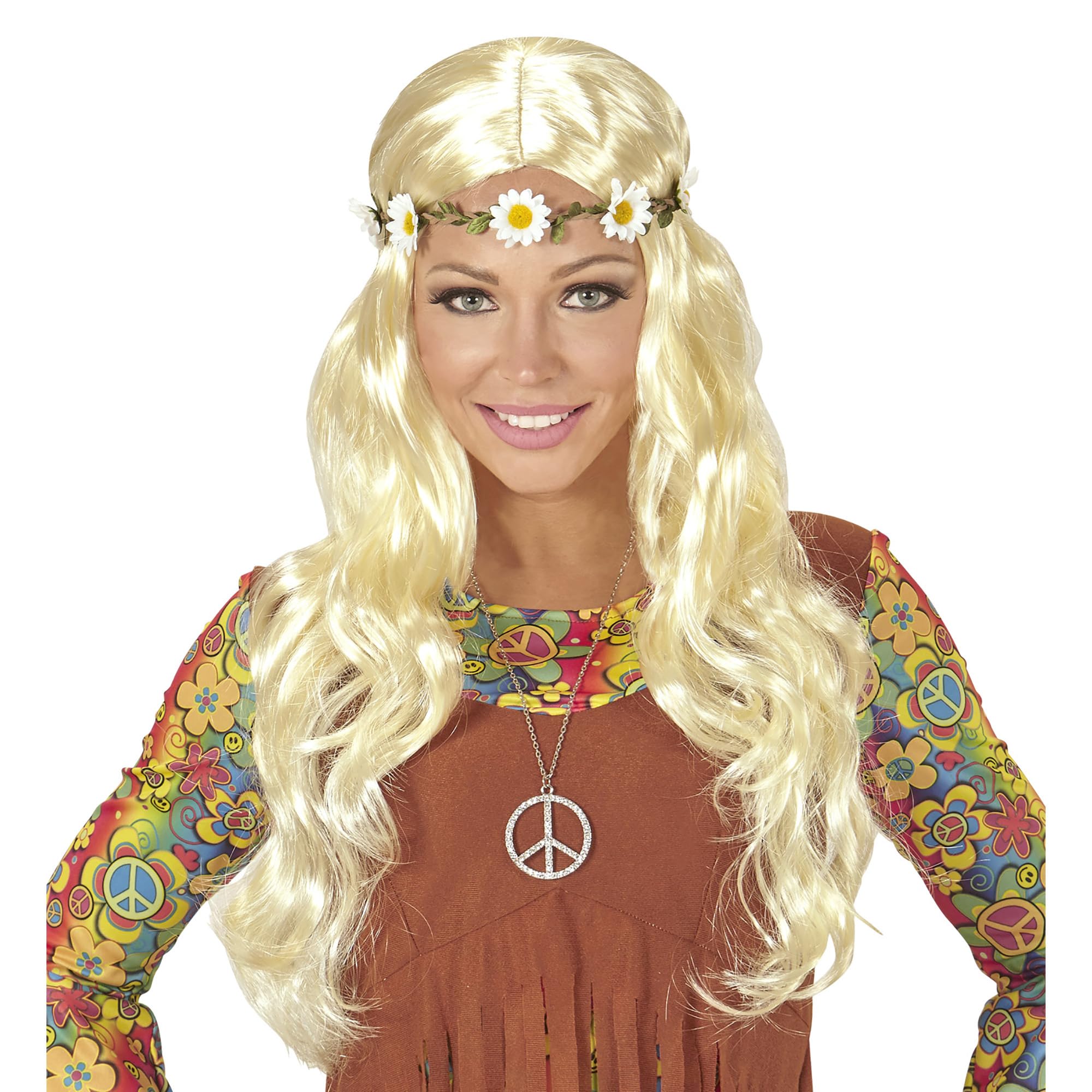 Widmann hippie or medieval wig with flower headband, in pouch, one size, 04658