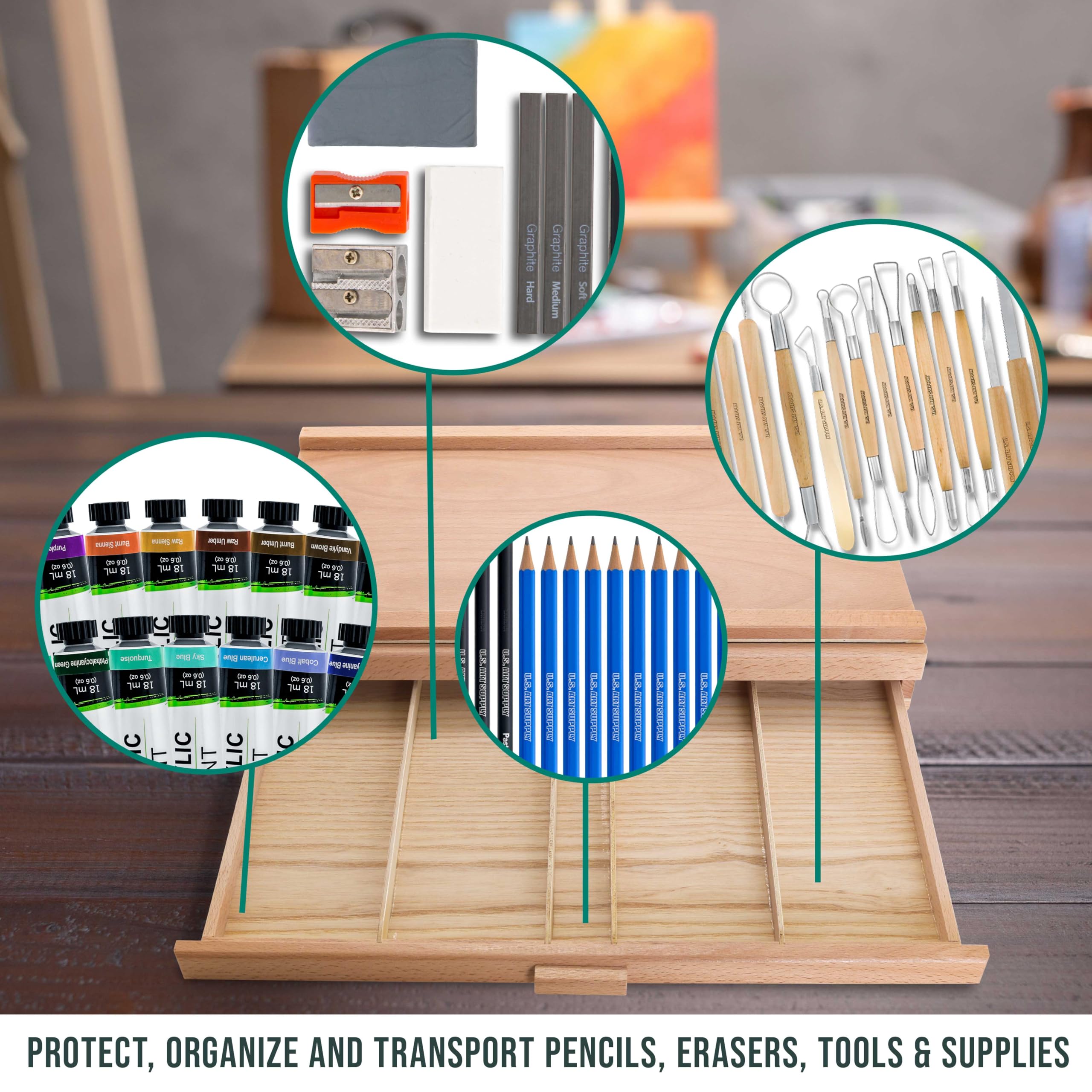 U.S. Art Supply 2-Drawer Artist Tool Supply Box with 5 Compartments per Drawer - Hardwood Art Box for Artist Supplies, Brushes, Pencils, Erasers, Tool Storage Organizer Case