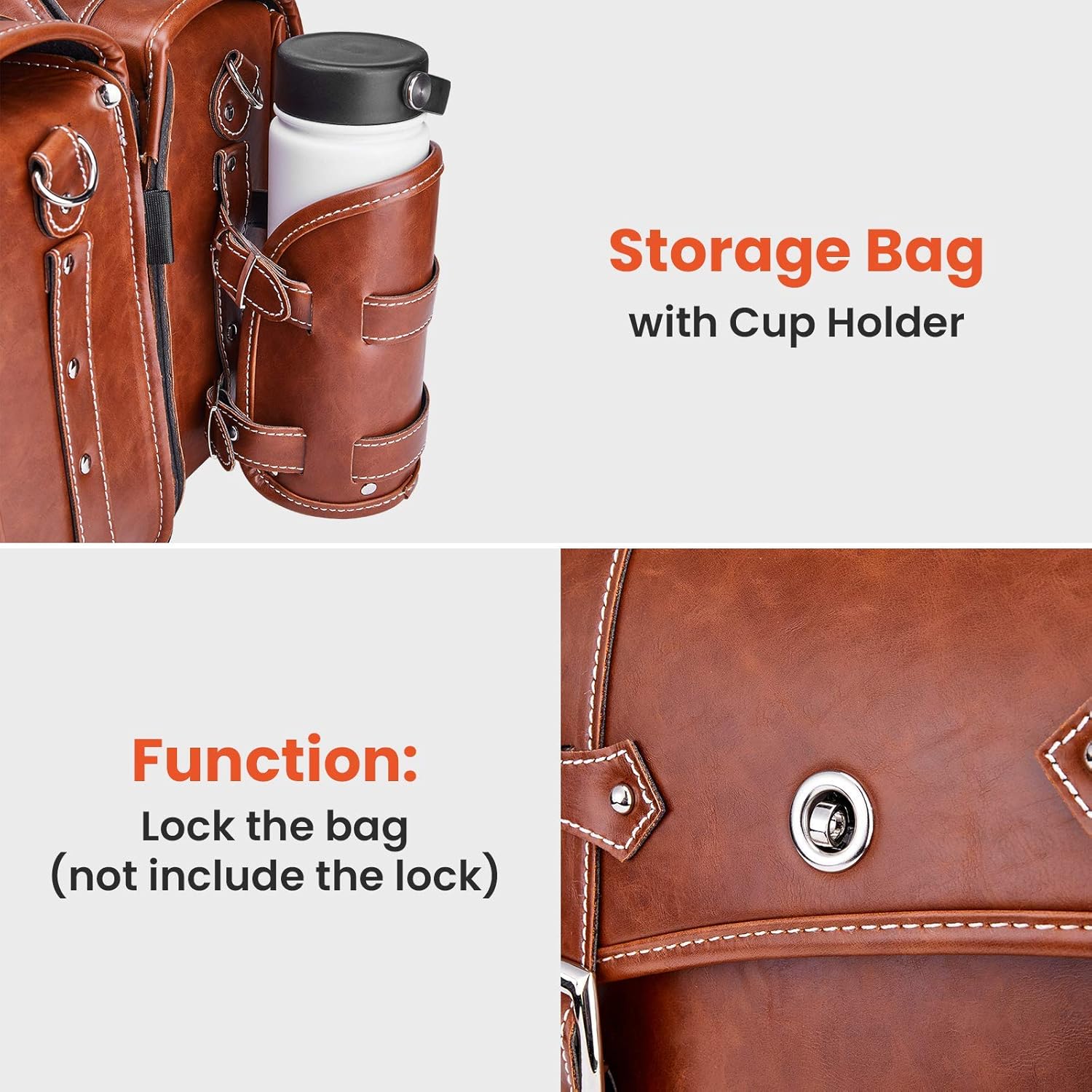 Leather Motorcycles Bag Throw Over Saddle Bag with Cup Pocket for Sportster Softail Dyna Road King V-star Shadow, Vulcan, Brown PU Material: Automotive