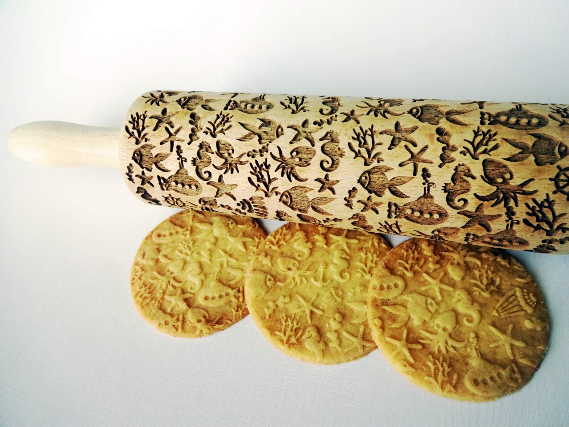 DEEP OCEAN EMBOSSING ROLLING PIN LASER ENGRAVED WITH DEEP OCEAN SYMBOLS GIFT FOR FRIEND