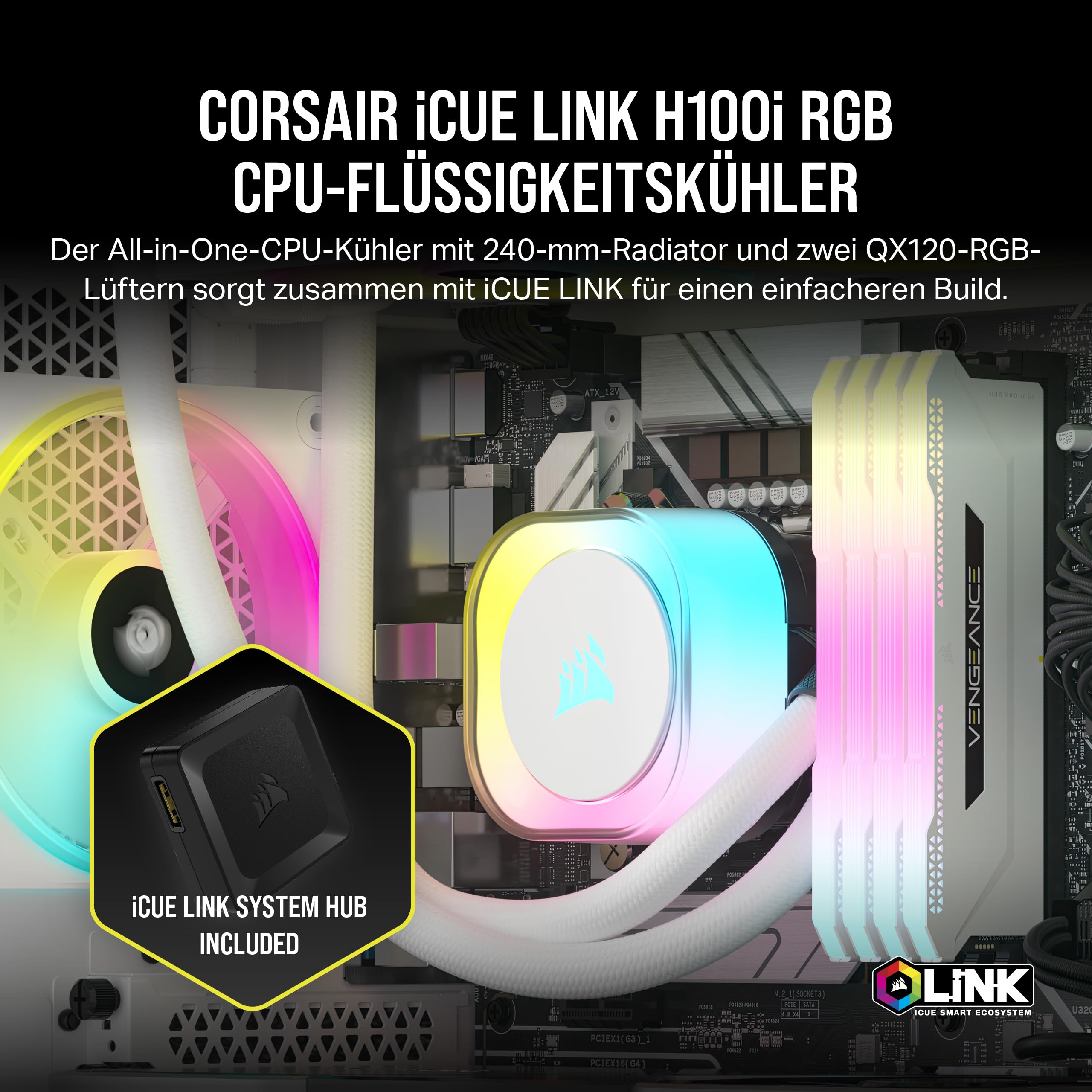 Corsair iCUE LINK H100i RGB Flüssig-CPU-Kühler - 240mm AIO - QX120 RGB-Lüfter - Passend Für Intel® LGA 1700, AMD® AM5 - iCUE LINK System Hub Enthalten - Weiß 2