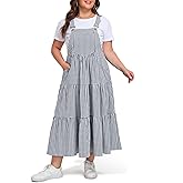 Moon Wood Women Plus Size Plaid Overall Dress with Pockets Adjustable Strap Jumper Dress Summer Casual Tiered Maxi Dress
