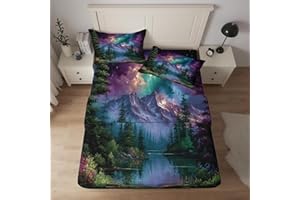 Mountain Sheets Queen Size, Lake Forest Landscape Starry Sky Sheet Set, Mountain Bed Sheets - 16 Inch Deep Pocket, Ultra Soft