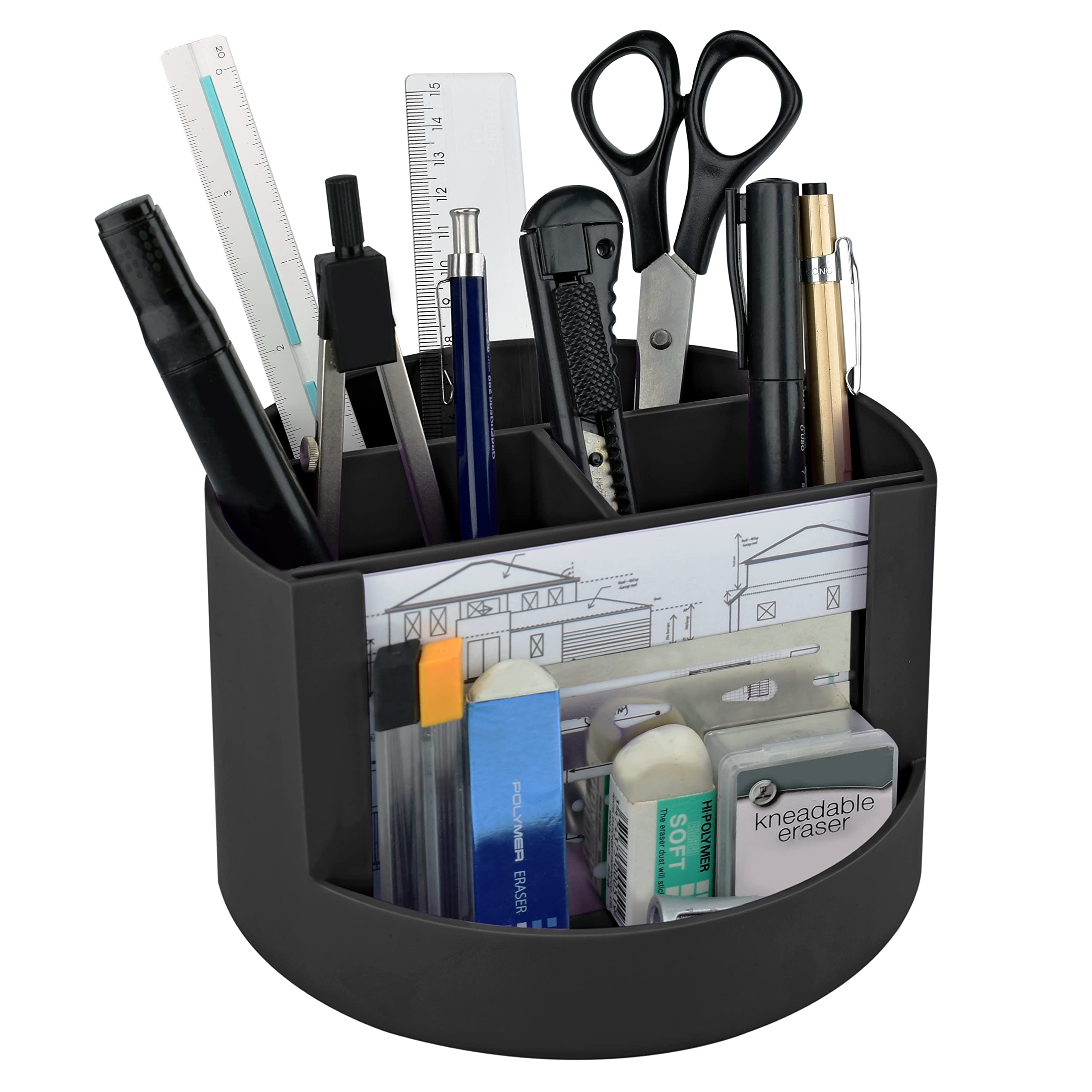 Acrimet Compact Desktop Organizer, 4 Spacious Slots, Round Pencil and Accessories Holder with Photo Slot, Ideal for Office, Art Supplies, Vanity Storage, and Home Organization (Black Plastic)