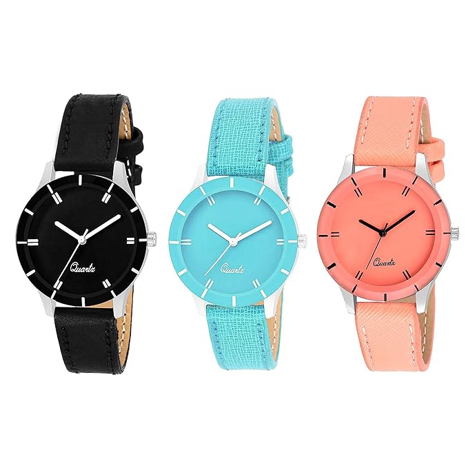 VeBNoR Combo Pack of 3 Analogue Black Blue Orange Dial Leather Strap Ladies Wrist Watches for Girls and Women Stylish Latest G