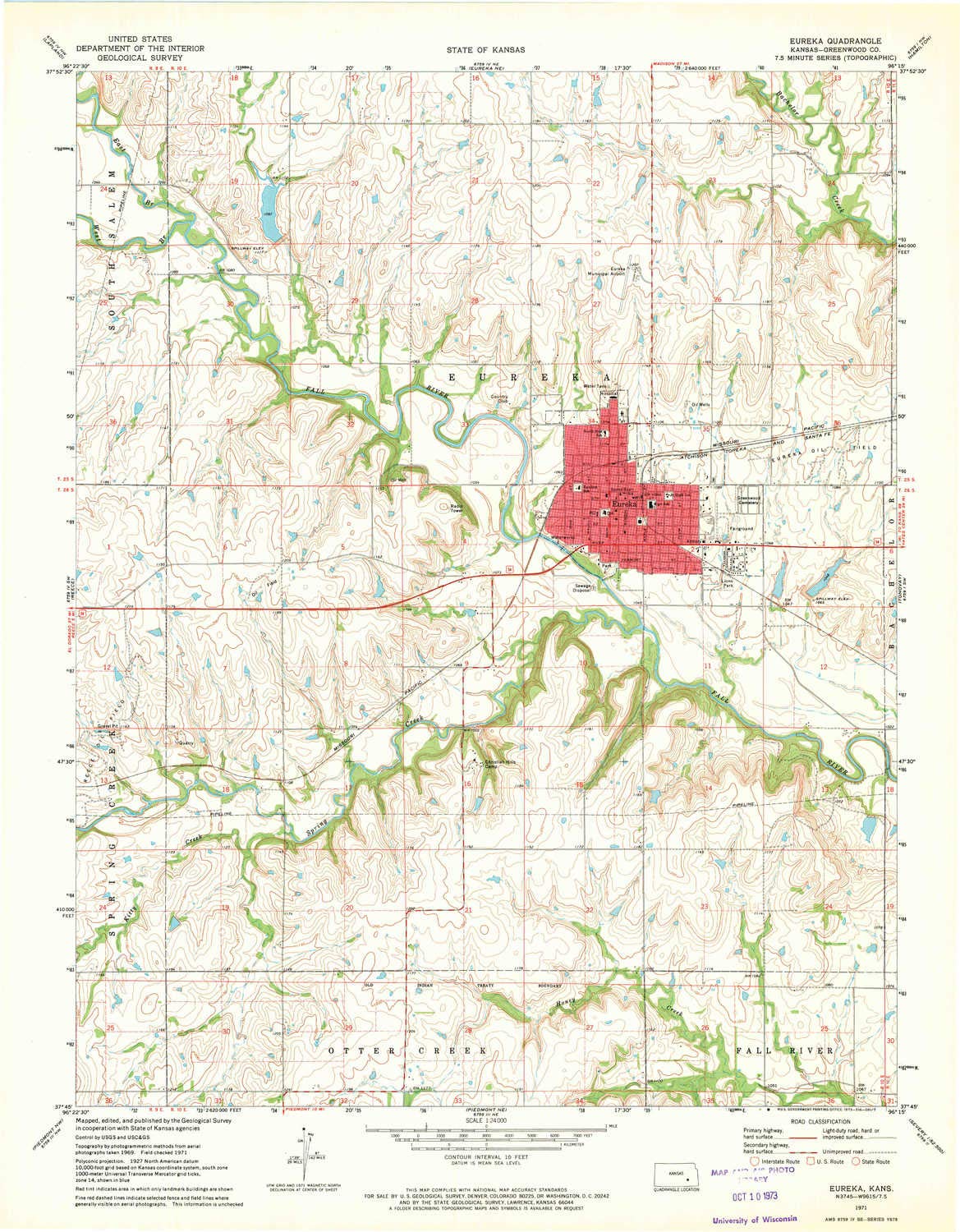 YellowMaps Eureka KS topo map, 1:24000 Scale, 7.5 X 7.5 Minute, Historical, 1971, Updated 1973, 27.09 x 21.12 in