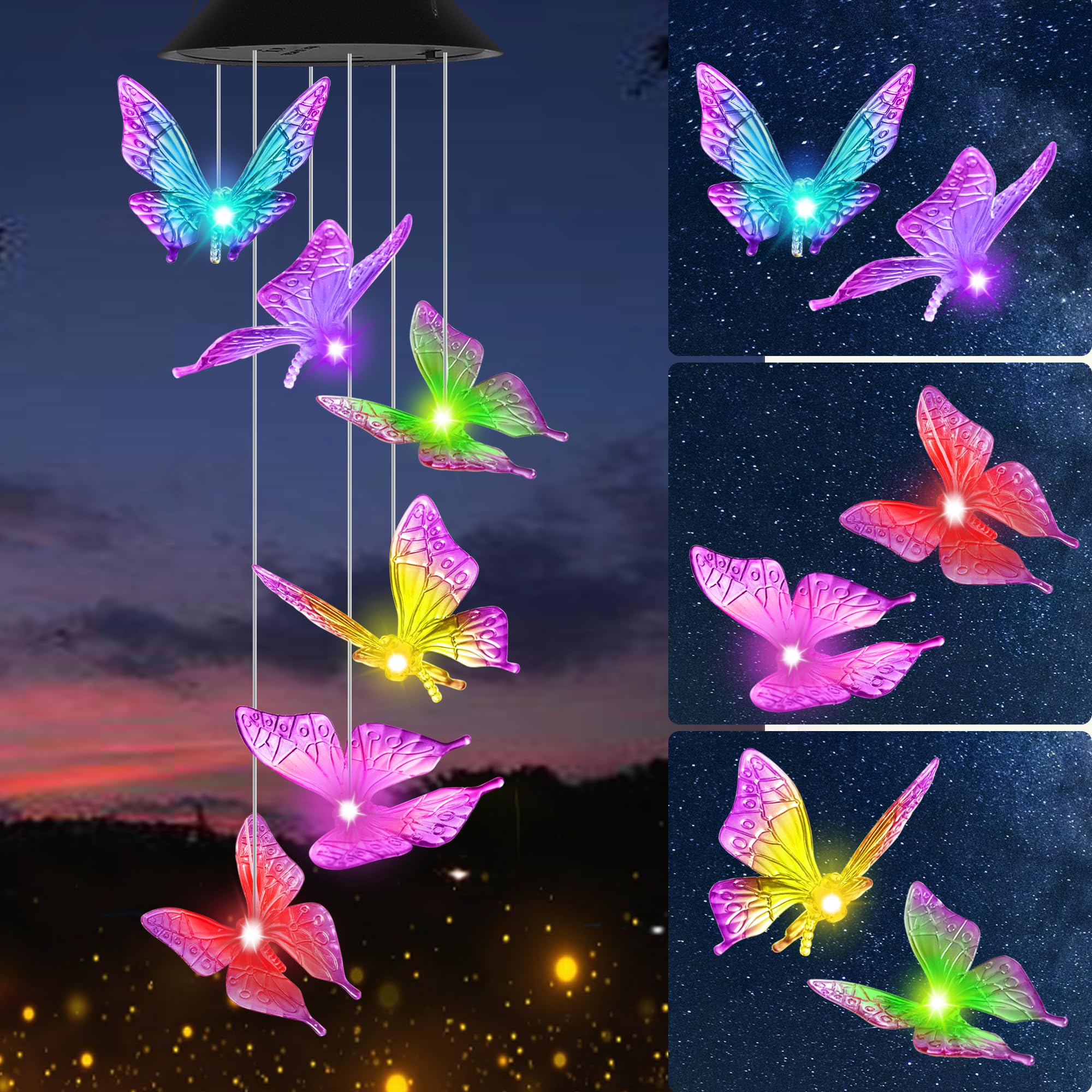 Photo 1 of Purple Butterfly Solar Wind Chimes Outdoor Color Changing Solar Lights Garden Decor Best Gifts for Mom Decorations Mobile Windchimes Unique Chiristmas Gifts