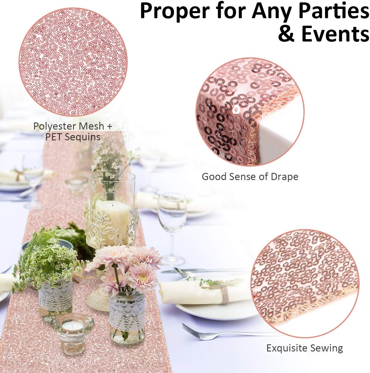 Syntus Sequin Table Runner Rose Golden, 2 Pack 12 x 72 inch Glitter Rose Gold Table Runner Rectangle for Graduation Party Supplies Decorations Wedding, Birthday & Baby Shower: Home & Kitchen