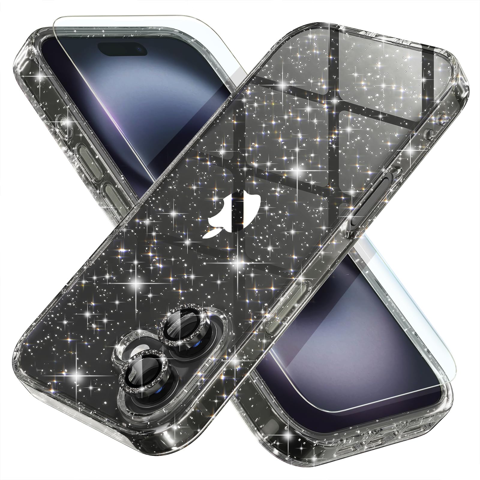 Photo 1 of Choiche Compatible for iPhone 16 Case Women Phone Case, Cute Bling Sparkly, Military Grade Drop Protection, 2 Diamond Camera Lens Covers, 2 Tempered Glass Protectors, 6.1 inch (Glitter Black)