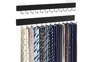HOMEBROS Tie Rack Wall Mount, Adhesive Wooden Closet Tie Hanger with 24 Metal Hooks, 2 Installation Methods, 360° Rotatable, 