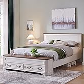 T4TREAM Farmhouse Queen Bed with Headboard and Storage Bench(Antique White) | 64" Storage Chest, 4 Large Drawer, Rustic Wood Platform Bed, Luxury Living