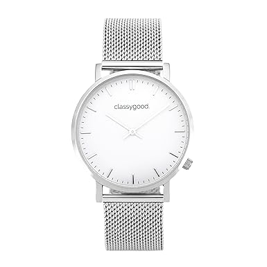 classygood. „Classic“ Damen/Herren Uhr Analog Quarzuhrwerk mit Edelstahl Metallarmband Silber Zifferblatt weiß
