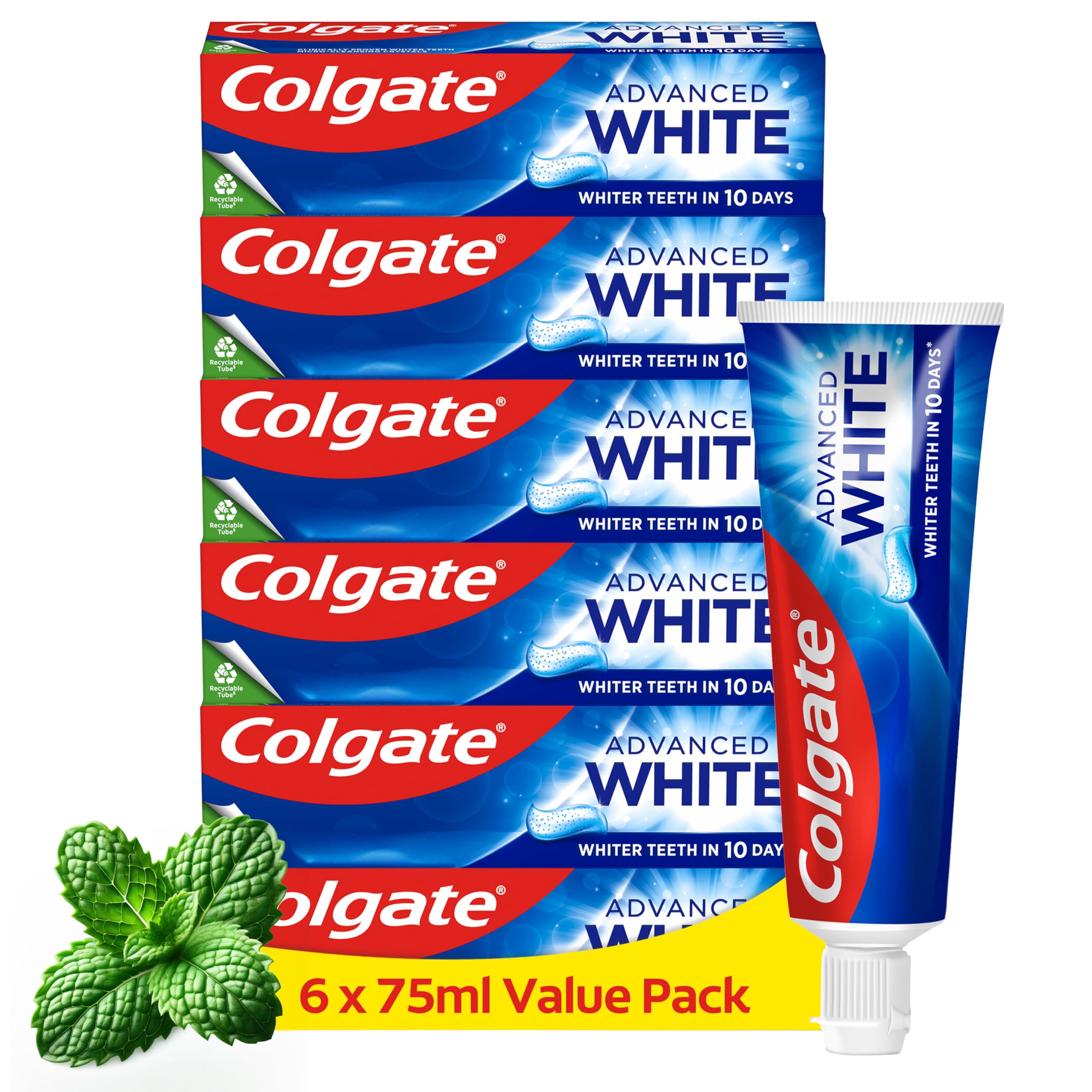 Colgate Advanced White Toothpaste, 6 x 75 ml - Whiter teeth in 10 Days - Clinically proven whitening - Teeth whitening toothpaste with micro-cleansing crystals - Mint toothpaste
