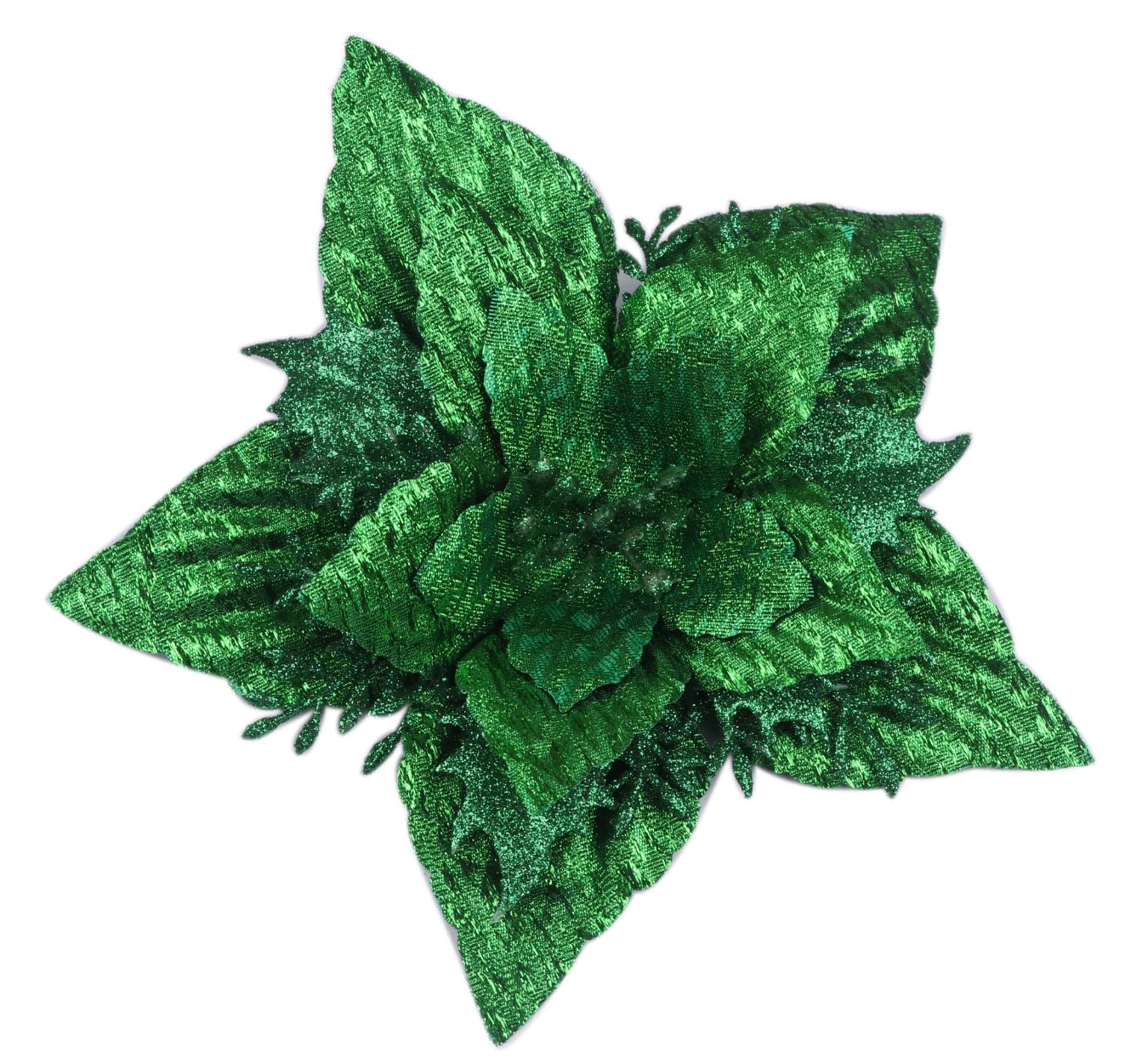 YYCRAFT 7 Inch Glitter Poinsettia Flowers Metallic Artificial Flower for Christmas Tree Ornaments Christmas Decorations(12pcs,Emerald Green)