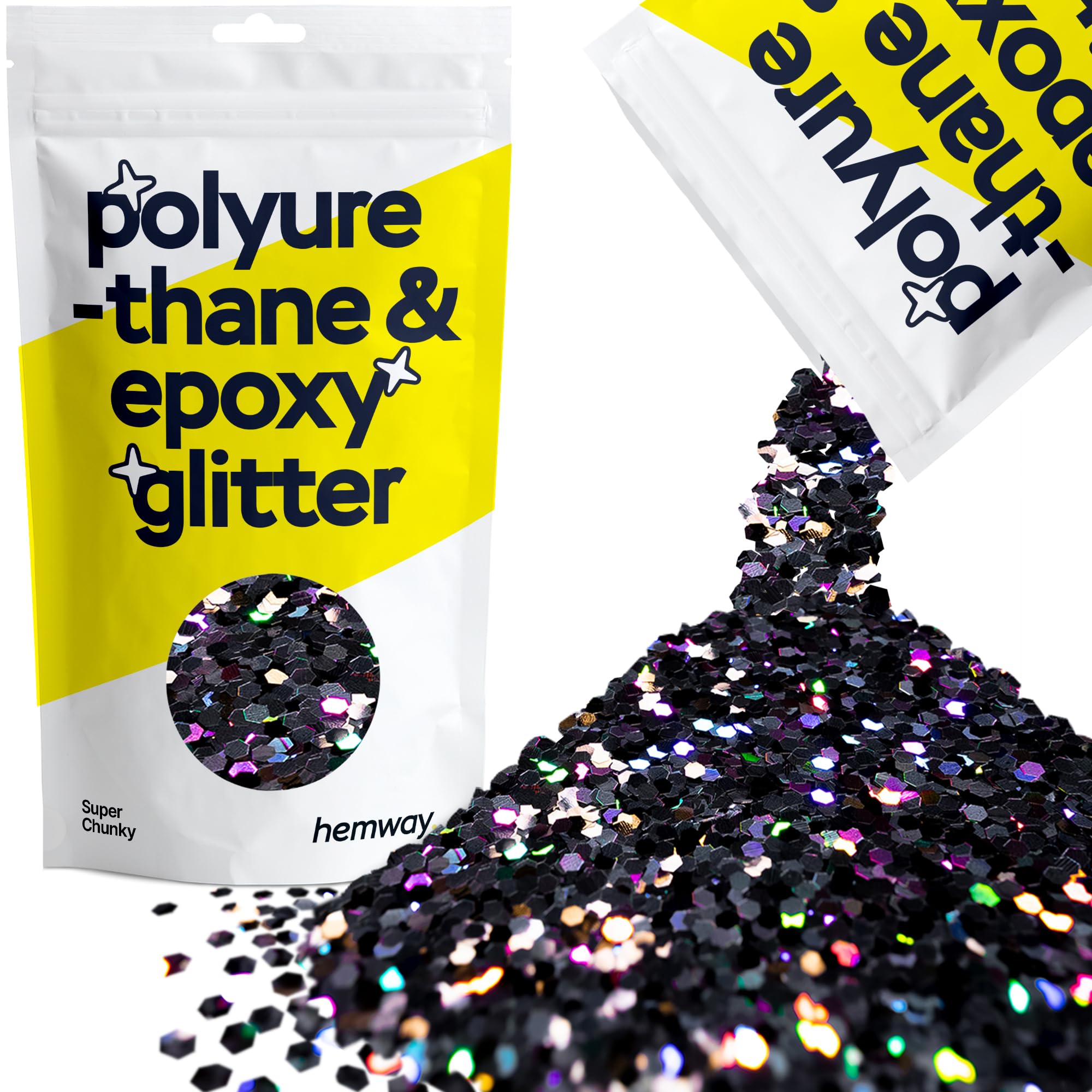 Hemway Resin Glitter Black Holographic 100g Super Chunky | Polyurethane & Epoxy Glitter for Resin Crafts, Tumblers, Coasters, Floor & Table Art