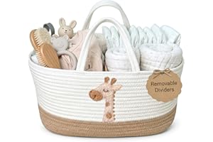 KEMINA BLANKETS Giraffe Diaper Caddy Organizer for Baby Cotton Rope Nursery Storage Basket 17"x10.5"x7" with Removable Dividers Portable Changing Table Organizer, Car Caddy, Baby Shower Basket