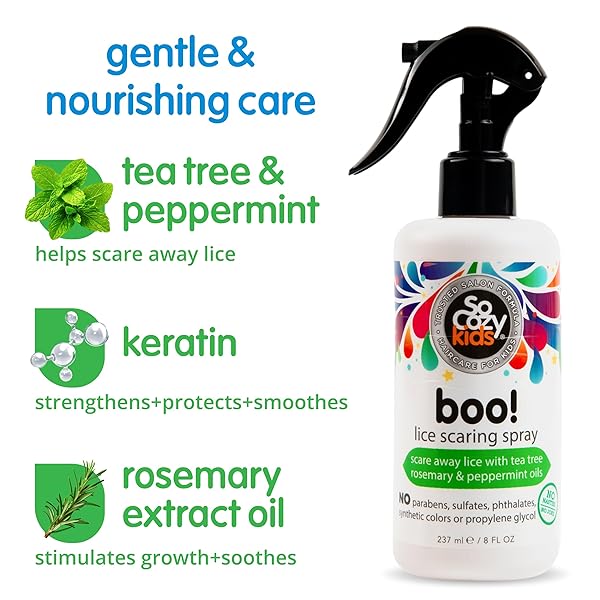 SOCOZY BOO LICE SCARING SPRAY FOR KIDS HAIR, EFFECTIVE LICE TREATMENT (8 FL OZ) CLINICALLY PROVEN TO REPEL LICE, CONDITIONING SPRAY WITH TEA TREE OIL, ROSEMARY OIL & KERATIN, PARABEN & SULFATE FREE