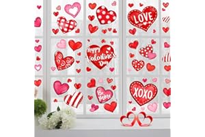 SIONOIUR Valentine's Day Window Clings Love Hearts, 76 Pcs Pink Red Heart Large Window Stickers, Happy Valentines Watercolor Double-Sided Glass Decals Decor for Wedding Anniversary Home Party Decorations