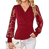 GRACE KARIN Womens Tops Dressy Casual, Elegant Lace Sleeve Shirts Wrap Ruched Blouses, 2026 Spring Fashion Outfits