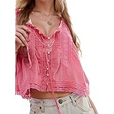 WINSASI Women Boho Lace Tank Top Boho Summer Vacation Top Sleeveless Button Down Front Tie Lace Y2k Tops Cute Shirt