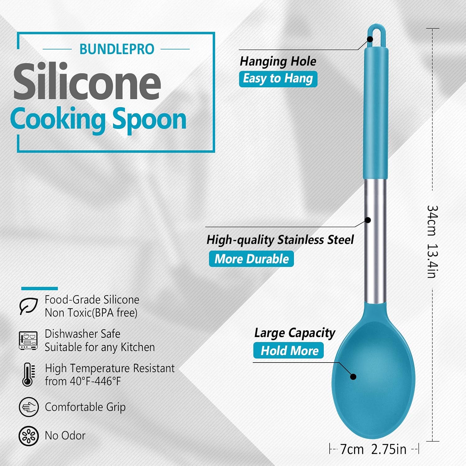Pack of 2 Large Silicone Cooking Spoon Non Stick Solid Basting Spoons Heat-Resistant Kitchen Utensils for Mixing Serving (Gray-Blue): Kitchen & Dining