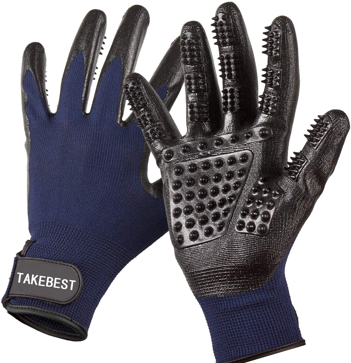 TAKEBEST Pet Grooming Gloves, Left & Right, Enhanced Five Finger Design for Cats, Dogs & Horses, Long & Short Fur, Two Hands De-Shedding Tool Kit,Blue