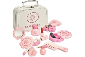 Dragon Drew Wooden Toy Beauty Set – 10 Piece Kit - Girls Salon Set with Makeup, Brush, Mirror and Cosmetics Case - 100% Natural Wood, Nontoxic Paint, Smooth Edges