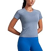 CRZ YOGA Seamless Workout Tops for Women Waist Length - Running Gym Athletic Yoga Short Sleeve Shirts Breathable Crewneck