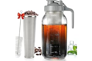 DWTS DANWEITESI Cold Brew Coffee Maker 64 oz,2-Quart Wide Mouth Thickened Cold Brew Maker with Ultra Dense Stainless Steel Filter - Mason Jar Pitcher with Lid and Spout for Coffee and Homemade Fruit Drinks(Gray)