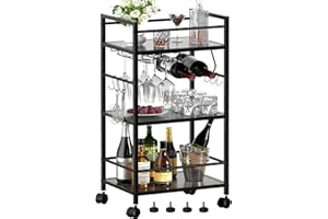 HOMEDAWN Bar Cart, Serving Cart for Home, Microwave Cart, Drink Cart, Mobile Kitchen Shelf with Wine Rack and Glass Holder, Rolling Beverage Cart for Dining Room, Grey