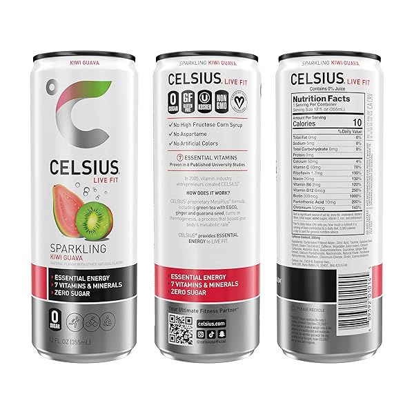 CELSIUS SPARKLING KIWI GUAVA, FUNCTIONAL ESSENTIAL ENERGY DRINK 12 FL OZ (PACK OF 12)