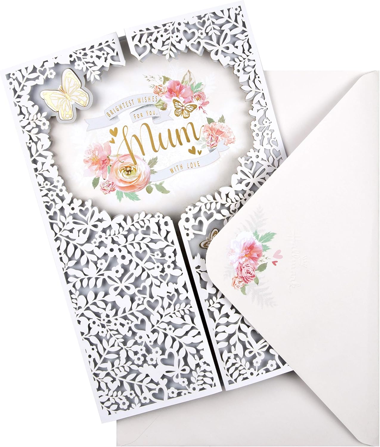 Hallmark Mothers Day Card for Mum Laser Cut Design with Long Verse, Butterflies & Florals, White, Pink, White With Gold Foil - Image 3