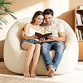 Comfy Giant Bean Bag Chair for Adults and Kids, Oversized Loveseat Bean Bag Sofa Couch, Faux Fur Round Large Accent Chair with Filler, Stuffed Big Reading Lounge Floor Sofa for Gaming, Napping, Beige