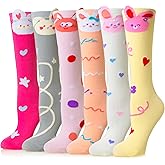 WEVIAS Girls Knee High Socks Kids Long Crazy Fun Silly Gifts Boot Cute Animal Funny Tall Cotton Socks 6 Pairs