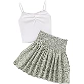 RoseSeek Girl's 2 Piece Outfits Lace Ruched Camisole Tops and Shirred High Waisted Layered Floral Skirts Set