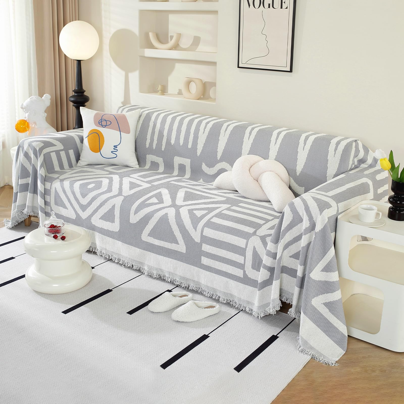 Royhom Boho Sofa Cover 3 Seater, Corner Sofa Covers L Shape, Washable Couch Cover with Tassel, Soft Couch Covers for Dogs, Breathable, All-season Universal (Grey, 180x340cm)