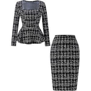 winkbay Women's Peplum Plaid Square Neck Casual Business 2 Piece Outfits and Pencil Skirt