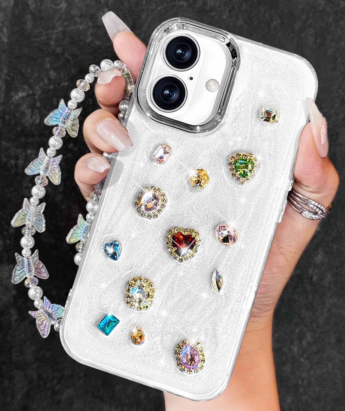 Photo 1 of Toycamp for iPhone 16 Case for Women Girls - Cute Girly Kawaii Color 3D Diamond Design with Charm Butterfly Wrist Chain Phone Cover Aesthetic Pretty Unique Teens Cases for iPhone 16 6.1 Inch