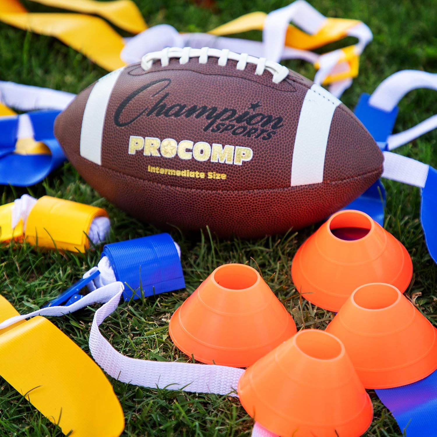 Champion Sports Deluxe Flag Football Game Set Flag Football Equipment - Game Sets with 5 Blue Flag Football Belts, 5 Yellow Flag Football Belts, 4 Orange Disc Cones and Mesh Carrying Bag : Clothing