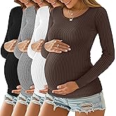 Oakgarden 4 Pack Women's Ribbed Maternity Shirts, Scoop Neck Long Sleeve Knit Pregnancy Tops Slim Basic Tee Clothes