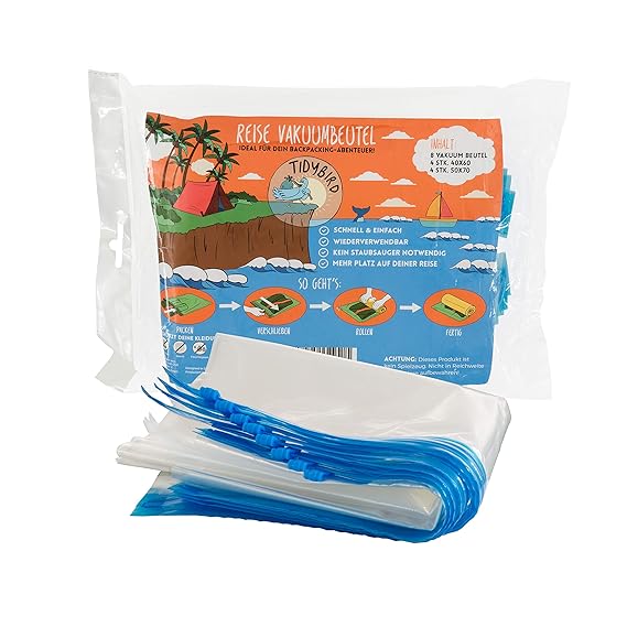 TIDYBIRD Reise Vakuumbeutel zum Rollen per Hand [8er Set] – Kompressionsbeutel in den perfekten Größen 40x60cm und 50x70cm – 