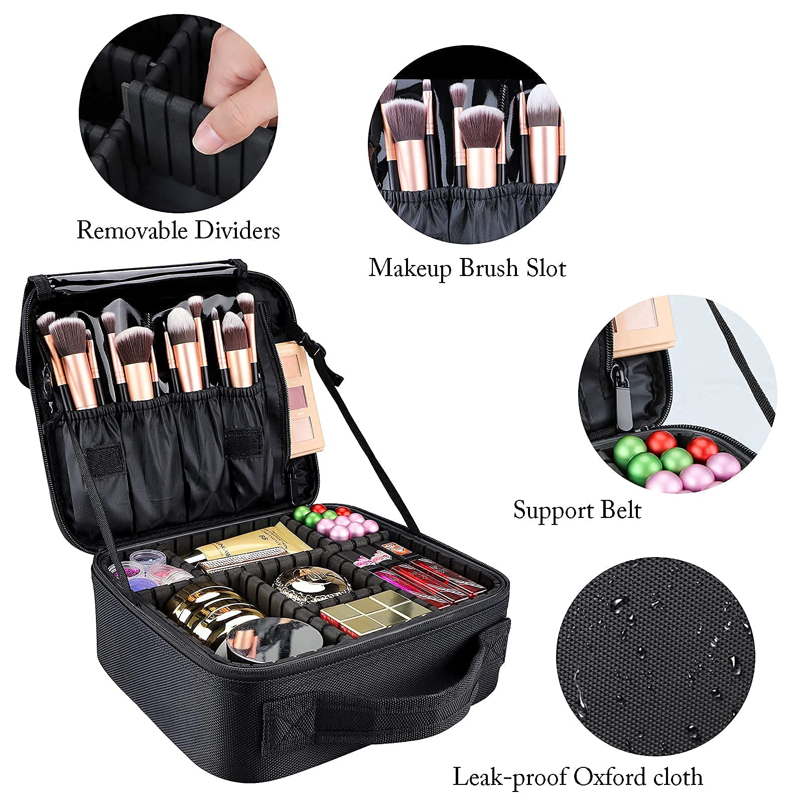 gzcz Travel Makeup Bag,Portable Makeup Case for Women,Professional Cosmetic Train Case Organizer Artist Storage Bag With Adjustable Dividers Brushes Toiletry Jewelry Digital Accessories