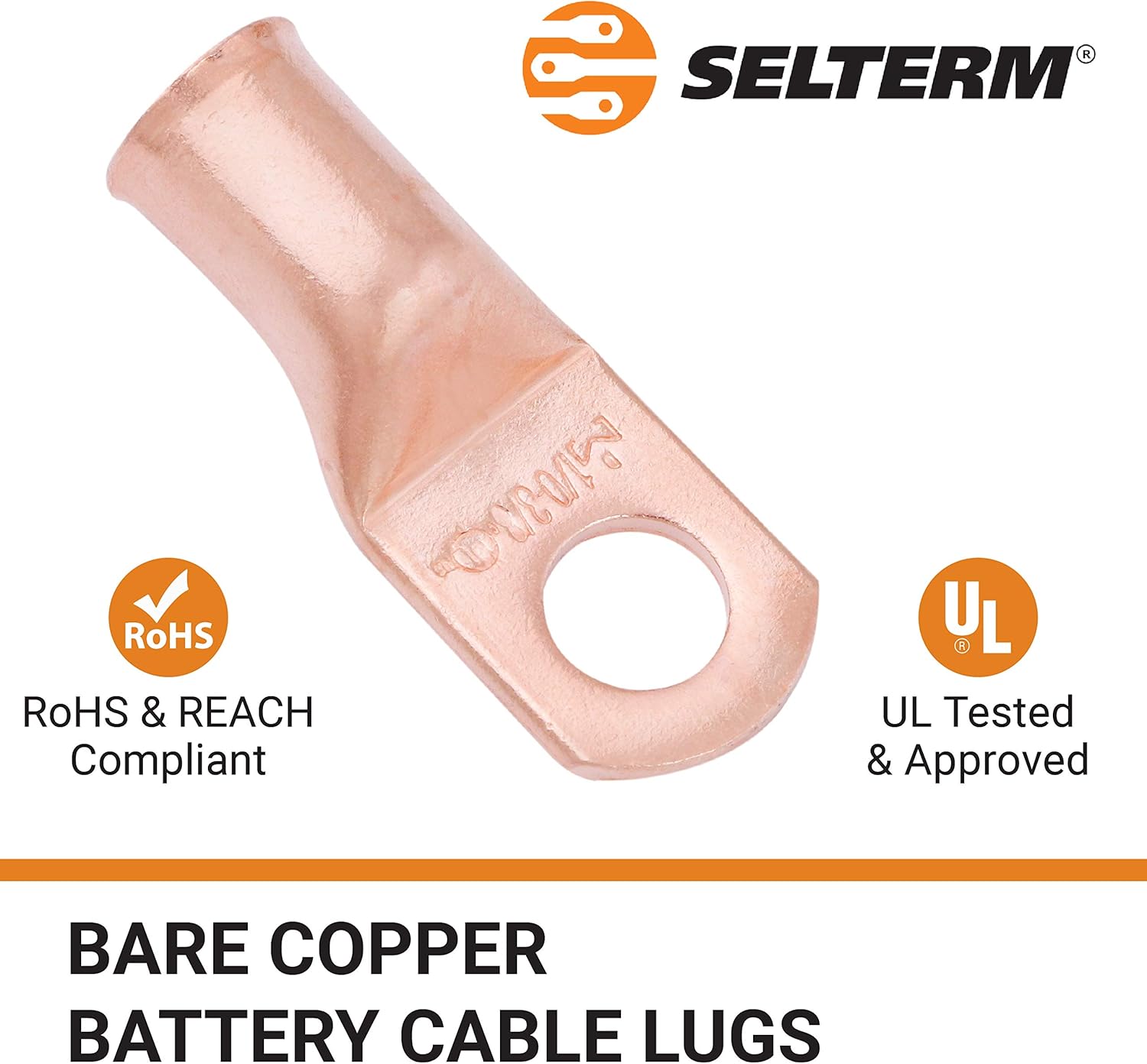 SELTERM UL Listed Heavy Duty Wire Lugs, Battery Cable Ends, Bare Copper Eyelets, Tubular Ring Terminals, Closed End Crimp Connectors — (8 AWG to 250 MCM) : Sports & Outdoors