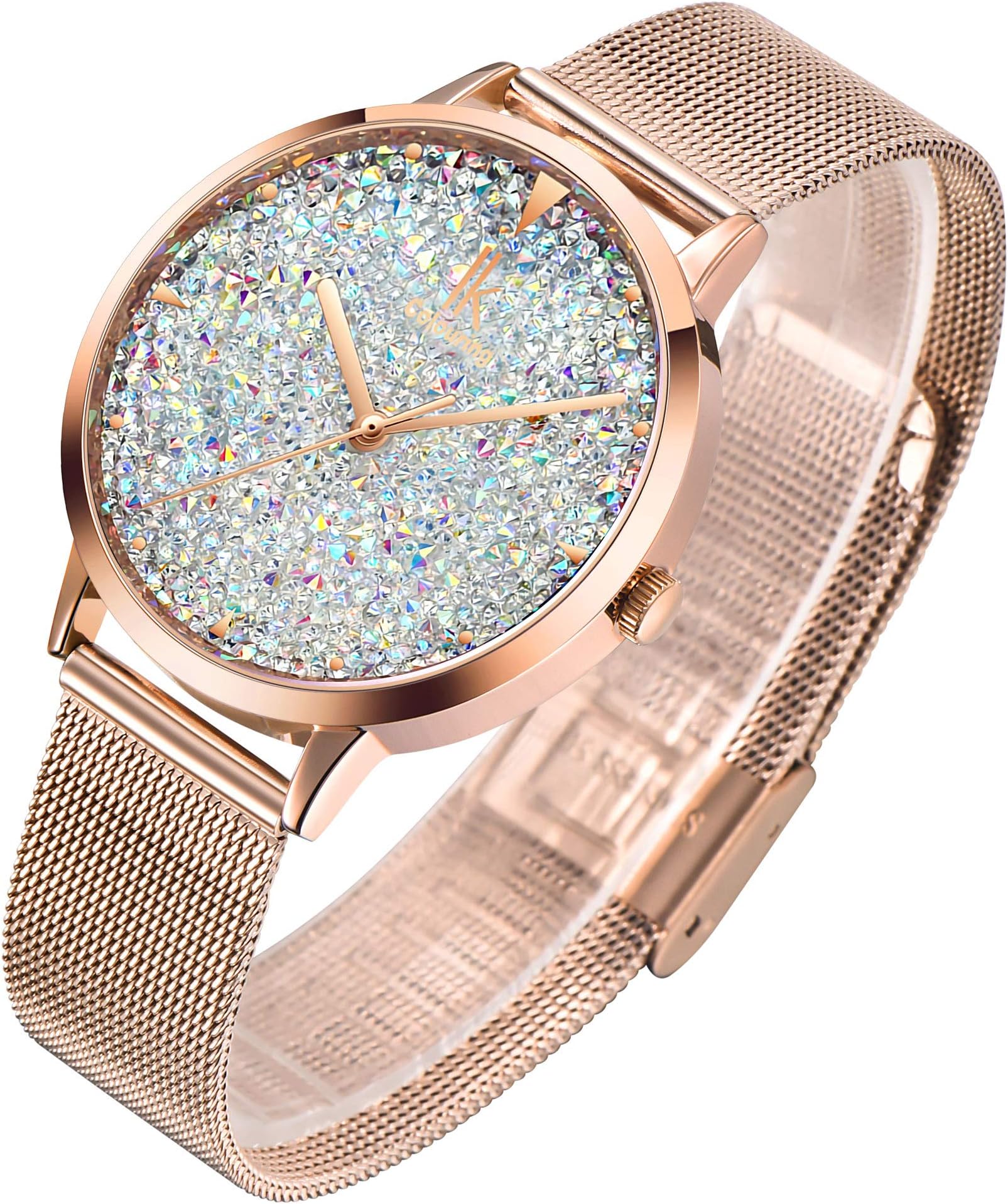 IK Women Quartz Watch, Rhinestone Starry Sky Dial Fashion Wrist Ladies Bracelets Watches Stainless Steel Mesh Band