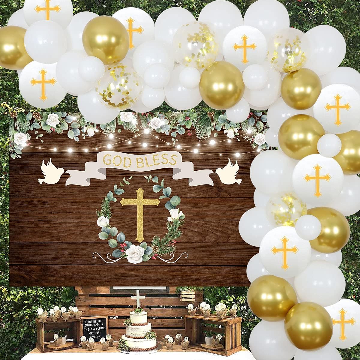 Baptism Party Decorations White and Gold First Holy Communion Decorations Balloon Garland Kit with Rustic Wood Backdrop, God Bless Christening Decorations for Party