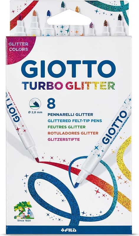 Turbo Glitter, marcadores com tinta brilhante, ponta fina, ponta de 2,8mm, cores variadas, 8 unidades.