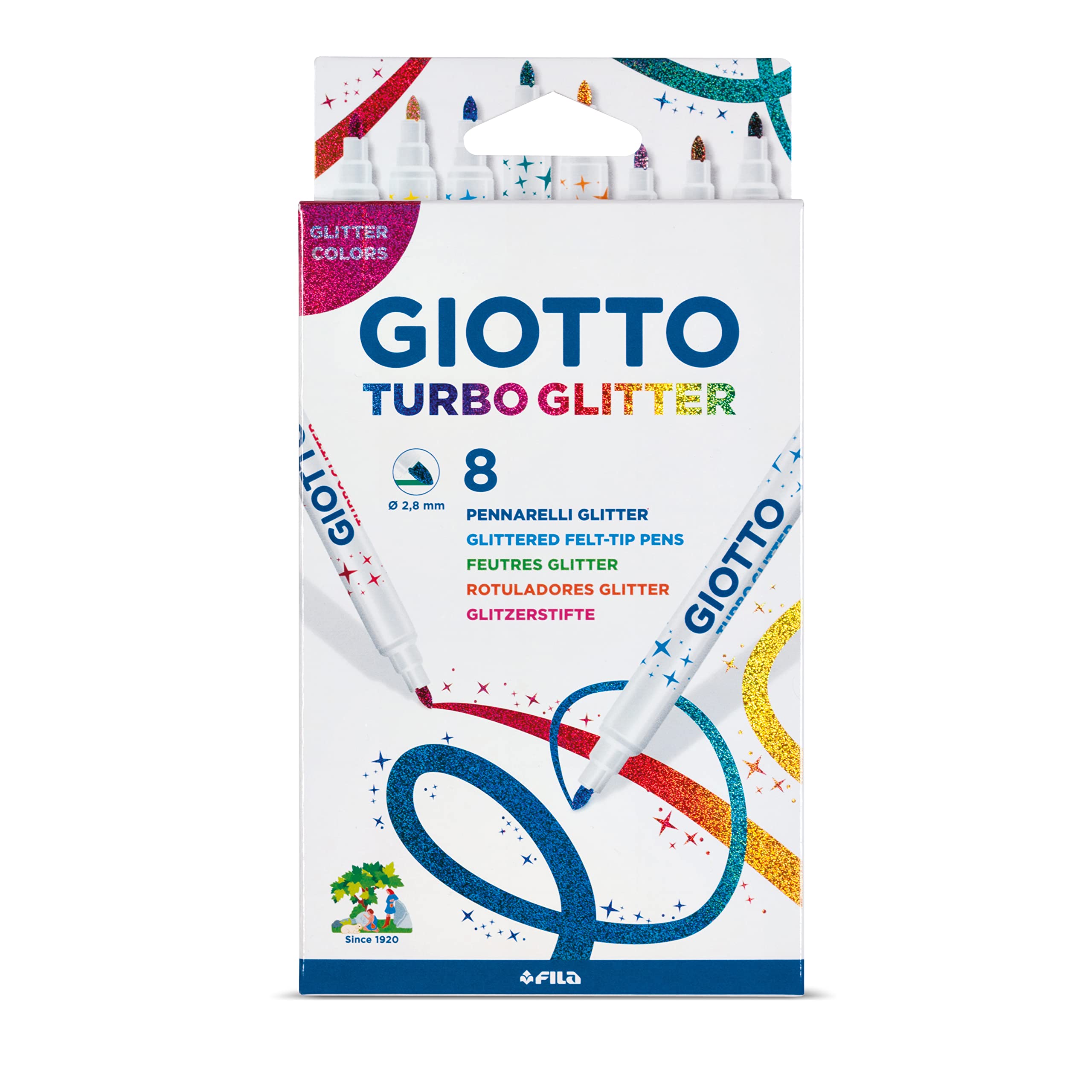 GIOTTO TURBO GLITTER FELT TIP FIBRE TIP PENS - GLITTERED PENS WALLET OF 8