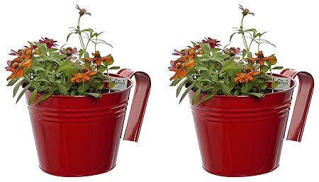 Green Gardenia GI-Metal Bucket Railing Planter Large, Red (Pack of 2)