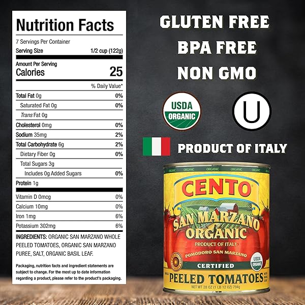 CENTO ORGANIC CERTIFIED SAN MARZANO WHOLE PEELED TOMATOES, 28 OZ CANNED PLUM TOMATOES IN THICK PUREE WITH BASIL, GROWN AND PROCESSED IN ITALY